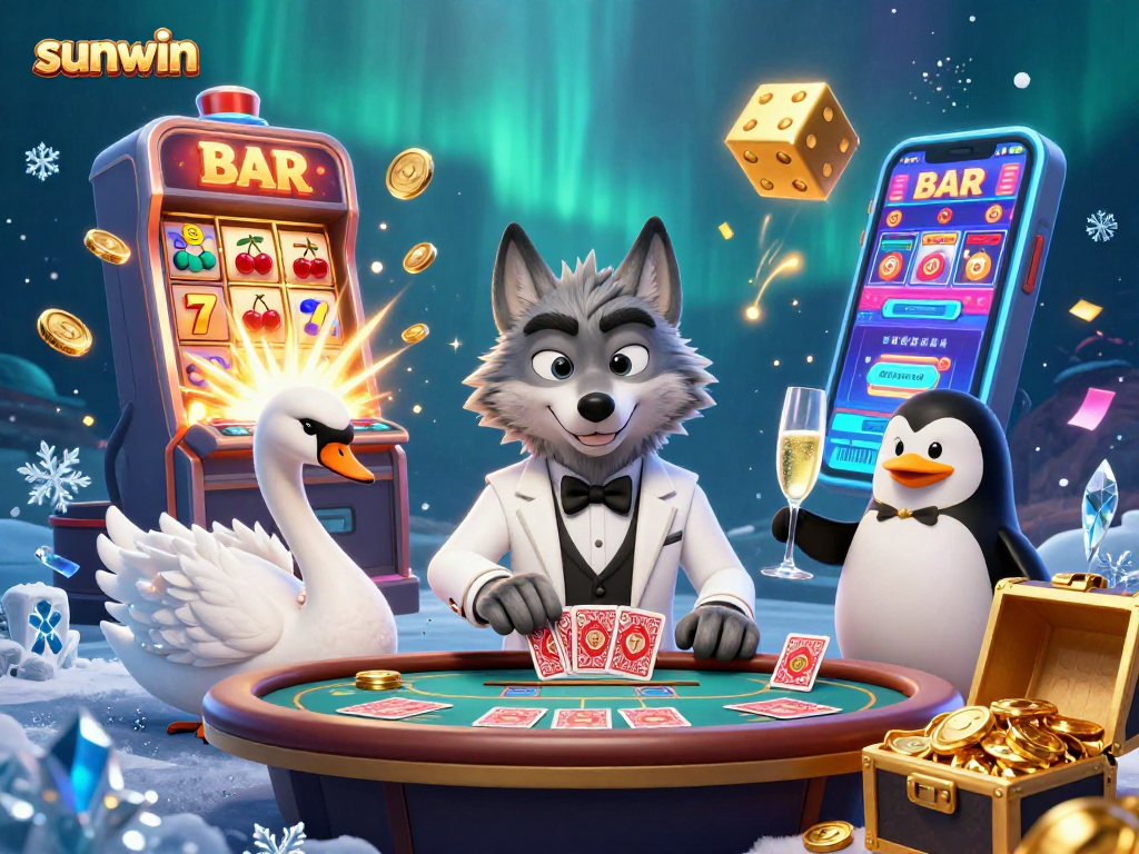 Experience the excitement of sunwin with this vibrant 3D casino scene featuring iconic game elements.