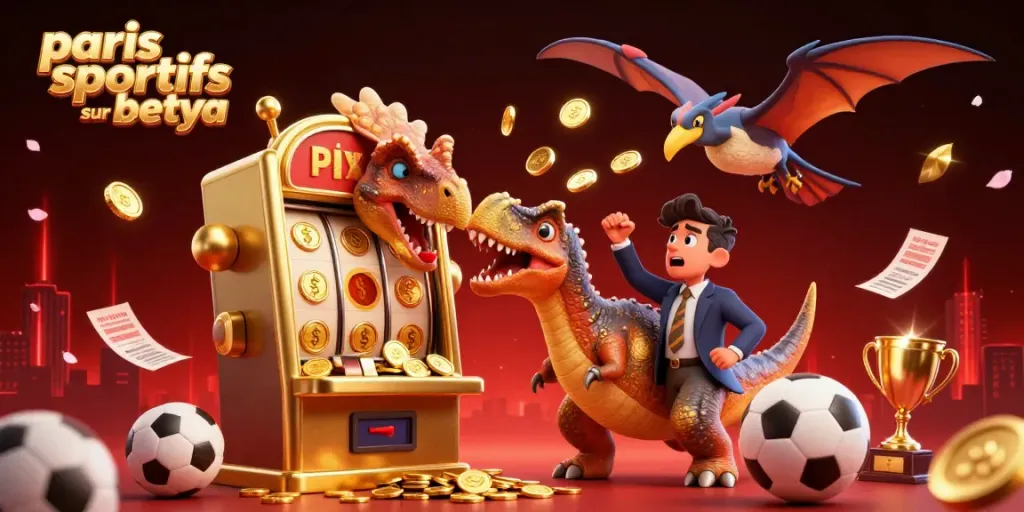 Engage in paris sportifs sur betya with a fun 3D scene featuring gaming excitement and dynamic gambling actions.