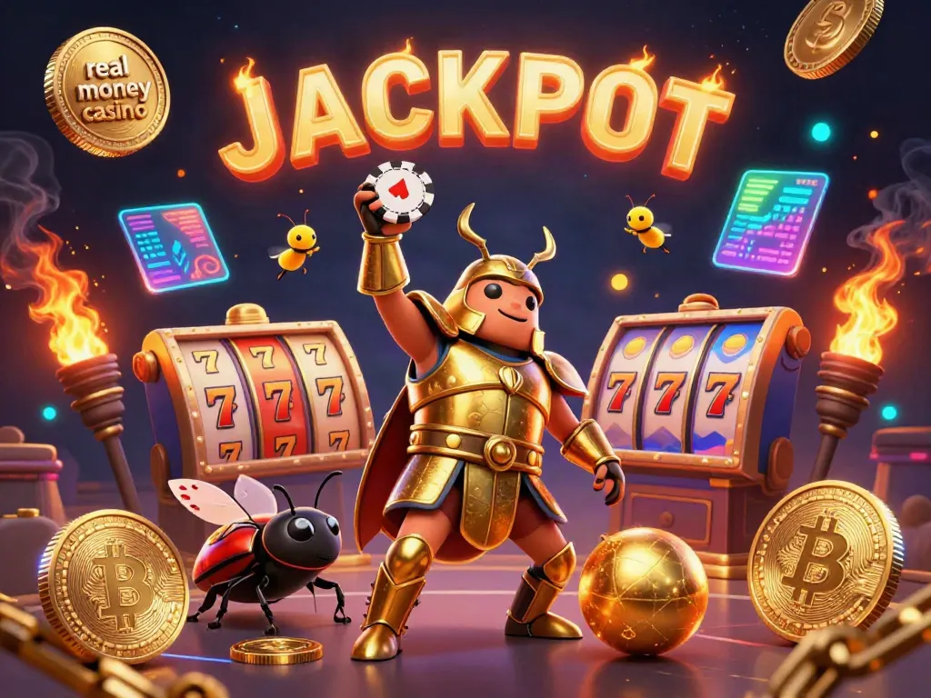 Celebrate winnings at a real money casino with lively 3D characters and winning symbols!