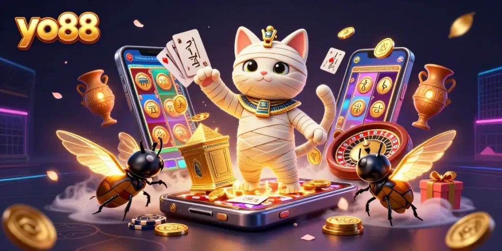 Win big with yo88 in a dynamic casino scene featuring a cartoon mummy cat and gold!