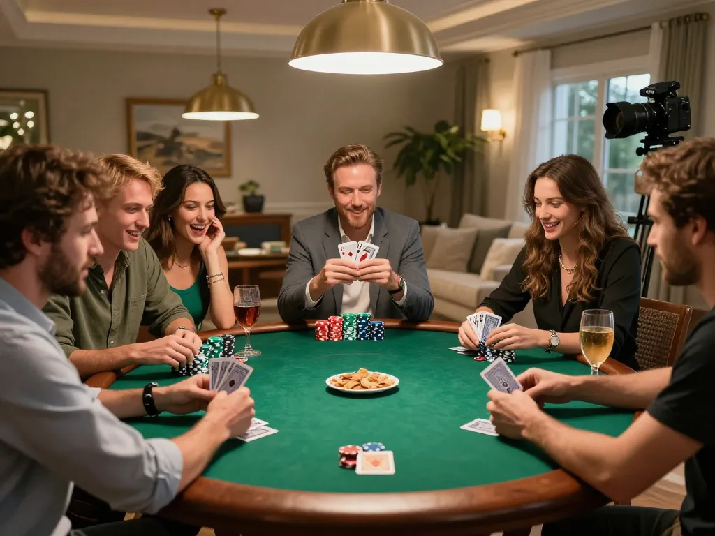 Người chơi 12bet tận hưởng một đêm poker tại nhà sôi động với các chip nhiều màu sắc và không khí ấm cúng