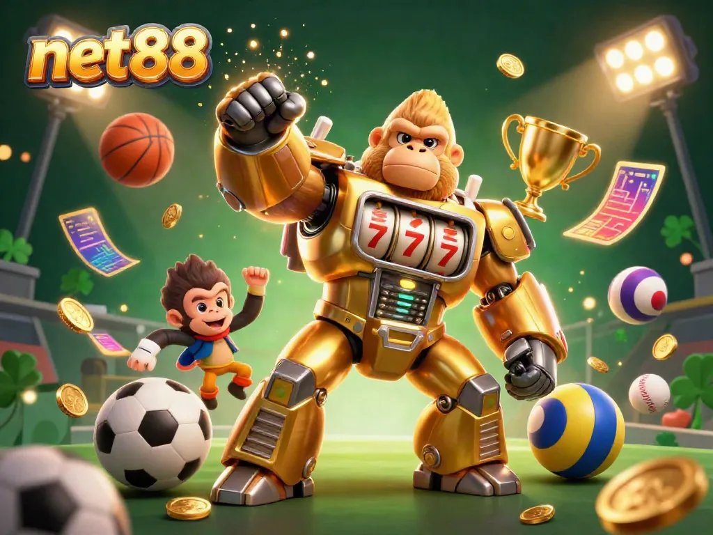 Experience the thrill of net88 with a dynamic illustration of a golden gorilla mech and sports elements.
