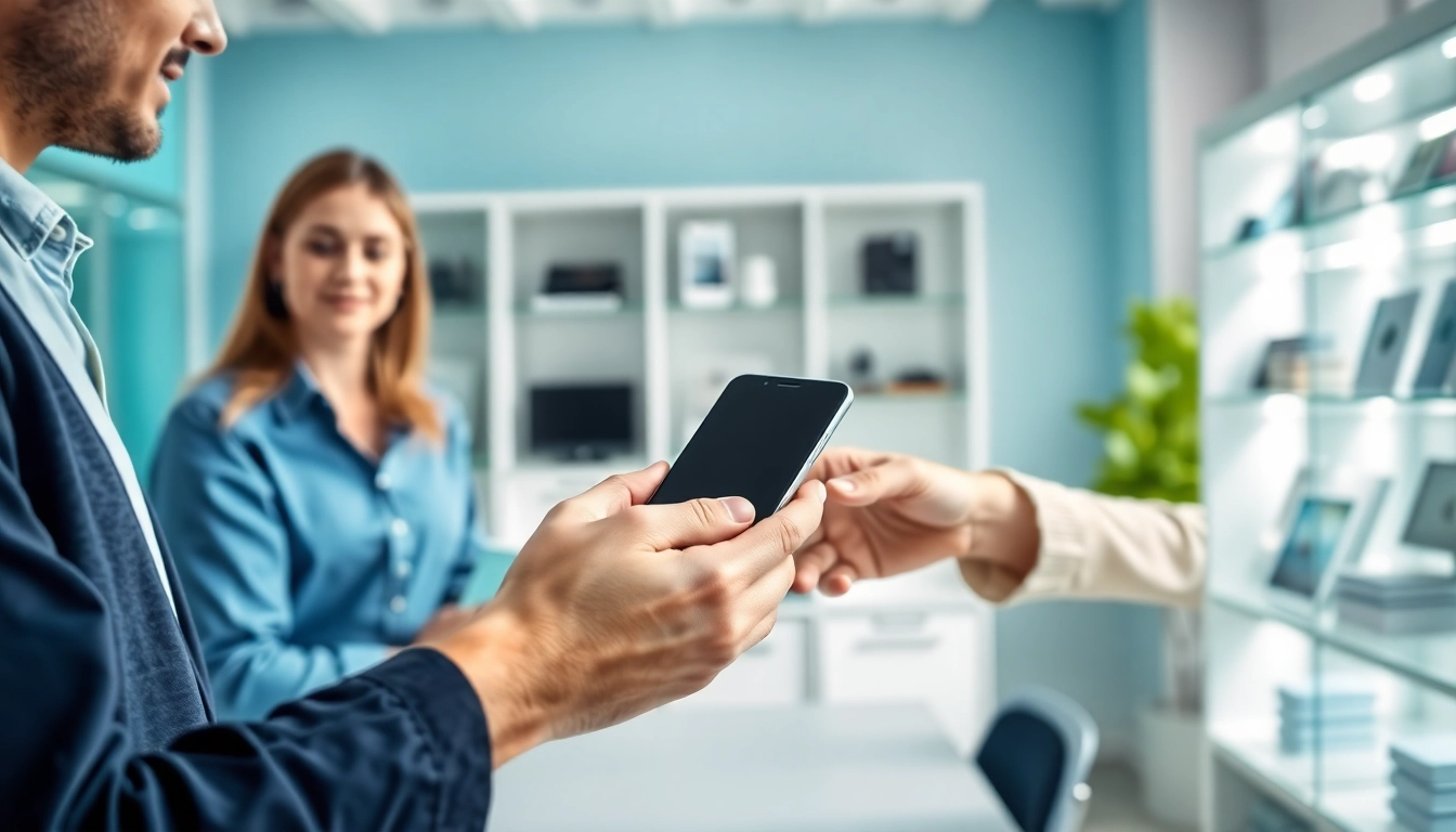 Sell Your Used Phone with a professional exchange in a modern office setting.