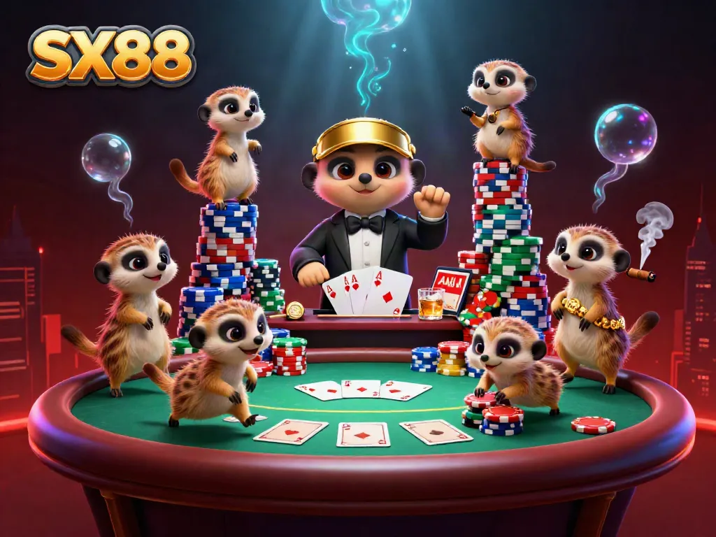 Engaging SX88 casino illustration with meerkats as dealers and vibrant gaming elements