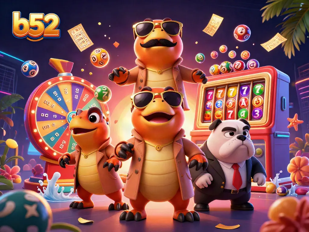 Engaging b52 VIP casino scene featuring raptors and a bulldog bouncer amid lottery elements.