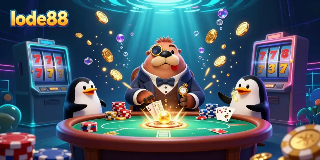 Play exciting games at lode88 with a jolly walrus in a poker scene featuring sparkling coins and cards.