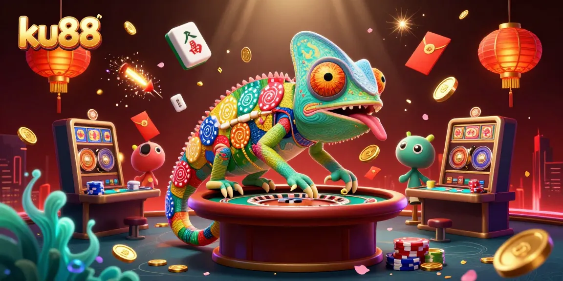 Experience the vibrant casino world of ku88 with a chameleon casino owner amidst dynamic gaming elements.