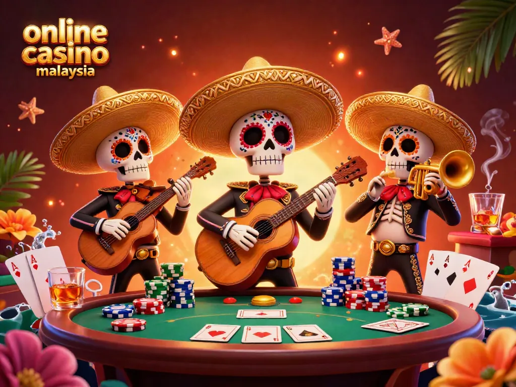 Experience the excitement of online casino Malaysia with vibrant mariachi characters and poker elements.