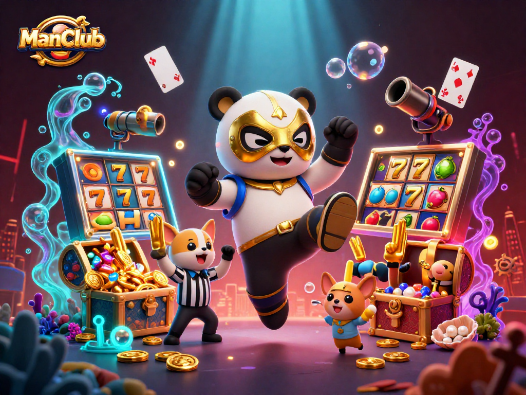 Engage in thrilling gaming at ManClub, featuring a panda wrestler amidst dynamic slot elements