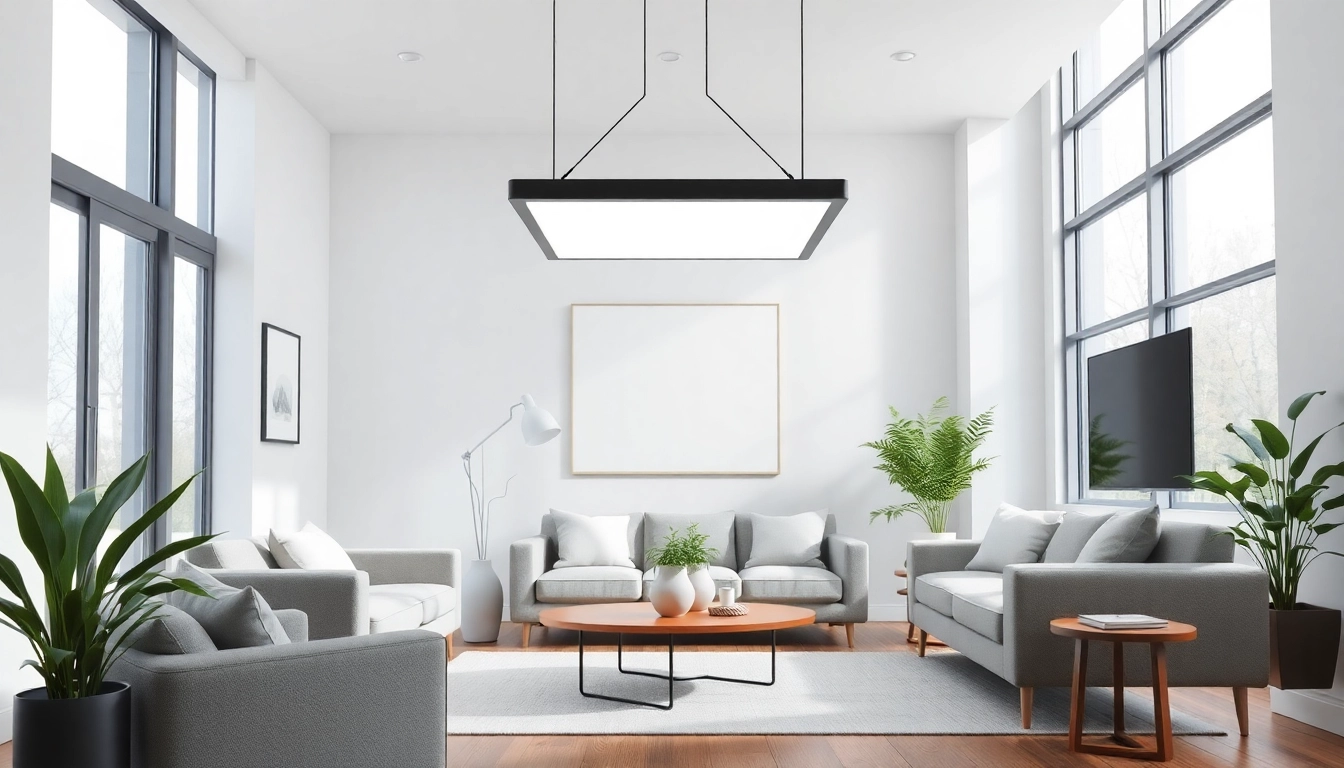 Show a stylish square light fixture illuminating a modern living room.