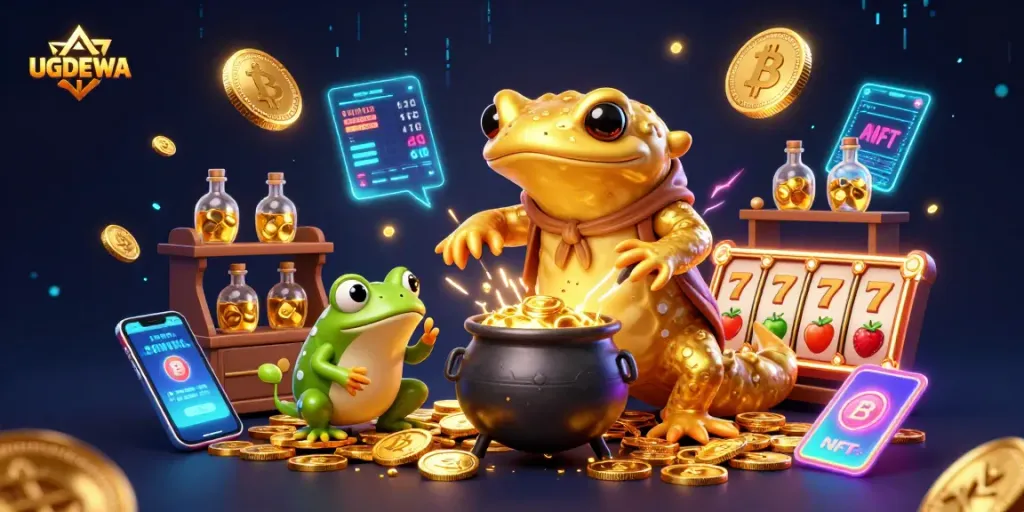 Experience winning moments at UGDEWA with enchanting 3D casino scene featuring alchemists transforming coins.