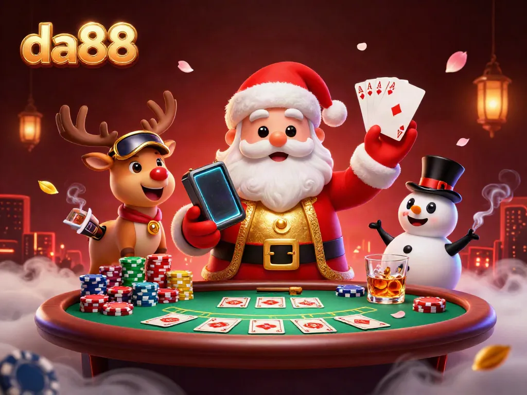 Experience excitement at da88 with our cartoon Santa and friends celebrating big wins at a festive casino table.