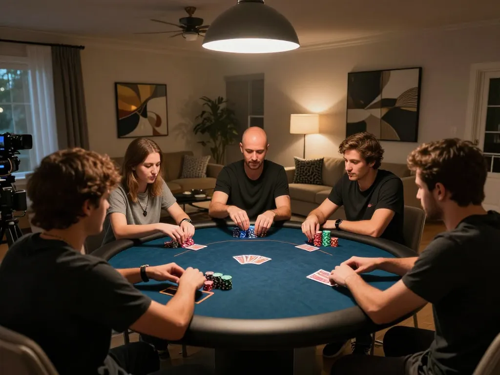 Engaging poker night with friends at home, showcasing keonhacai8 strategies in action.