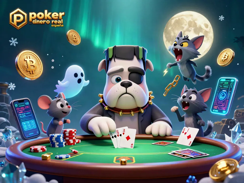 Disfruta de póker online dinero real en España con cartas y fichas en juego animado.