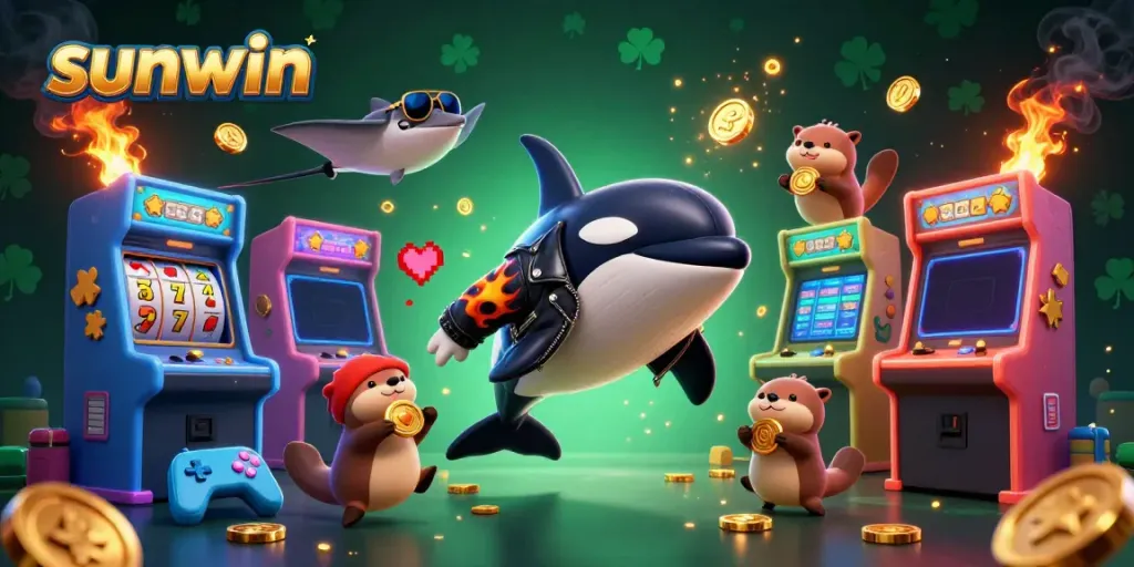 Experience the excitement of sunwin with a vibrant 3D scene featuring a charismatic orca and playful sea otters in a casino setting.