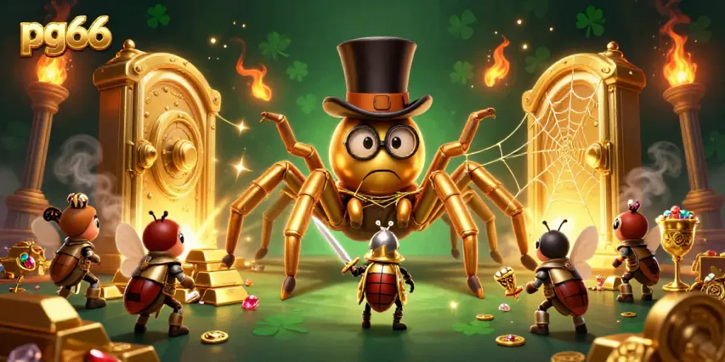 pg66 animated casino scene showcasing a golden tarantula and beetle knight amidst treasure