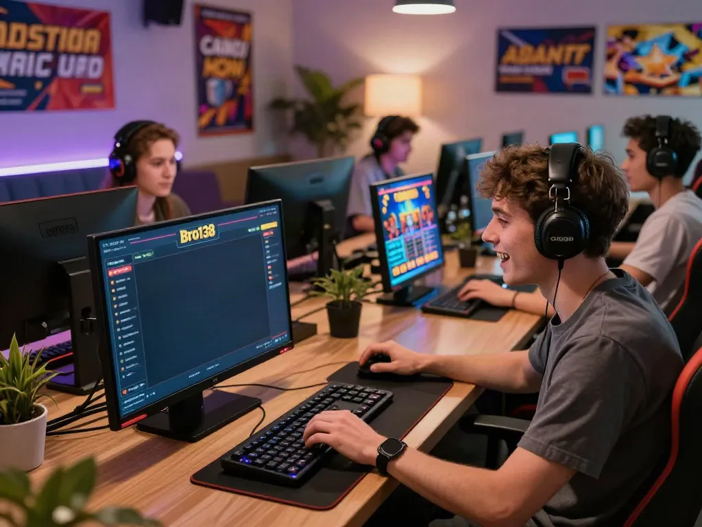 Engaging scene of players enjoying bro138 slot games in a vibrant gaming hub.