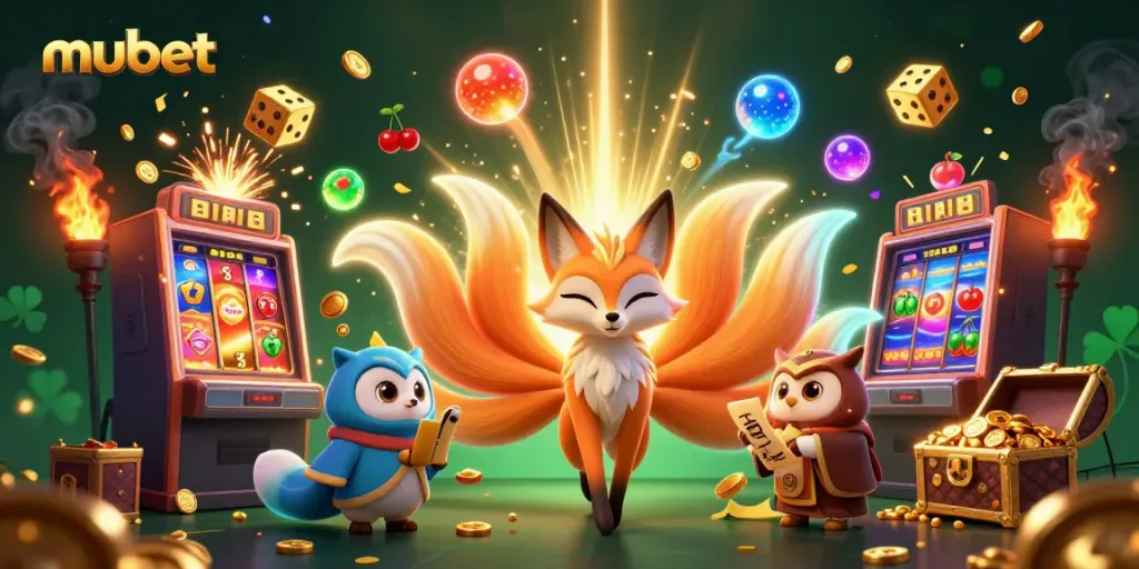 Experience the excitement of mubet with vibrant colors, casino elements, and mystical creatures in a dynamic scene.