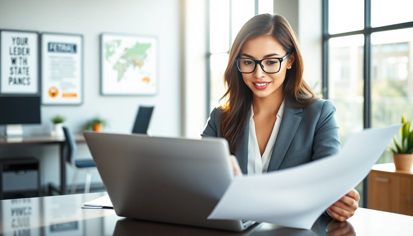 Evaluate Federal and State contracts in a modern office environment highlighting professionalism.