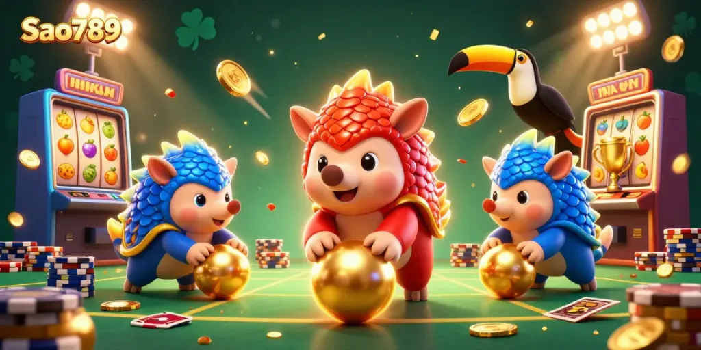 Sao789 featuring rival pangolins competing in a lively casino environment with vibrant slot machines.