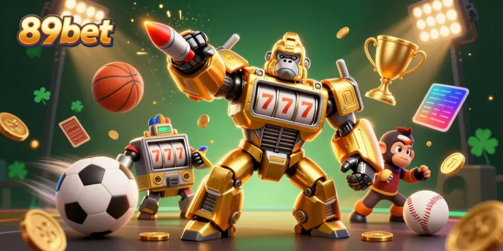 Experience thrilling 89bet action with a golden gorilla mech in a lively casino scene.