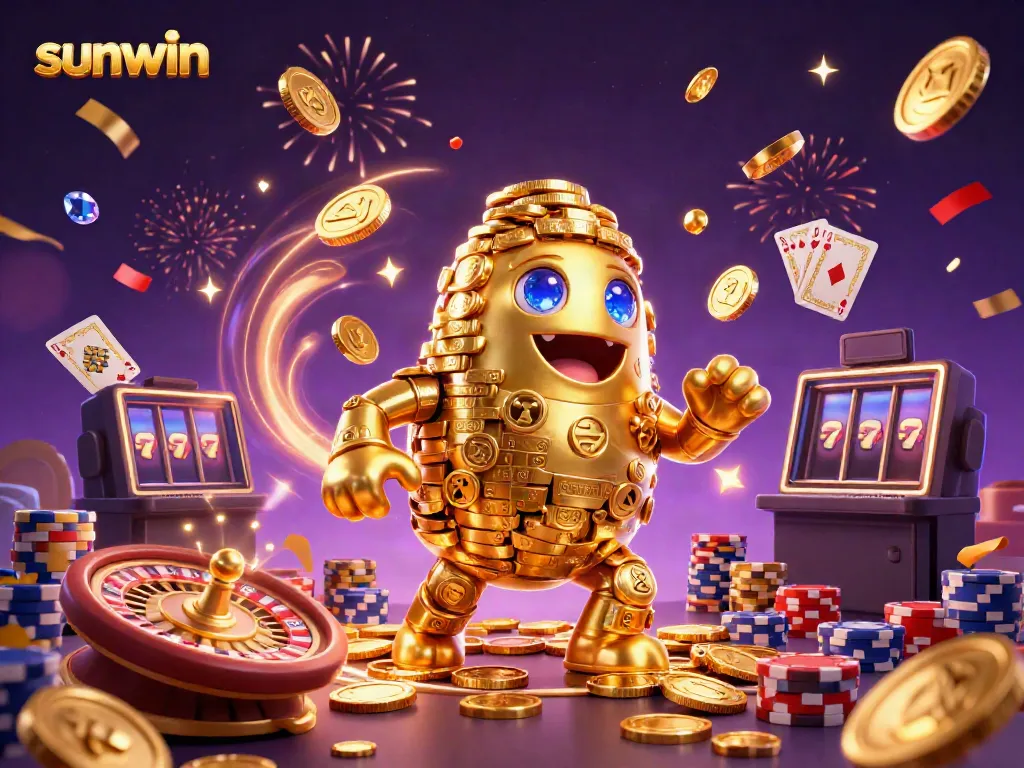 Win big with sunwin, illustrated with golden golem, coins, and dynamic casino elements.