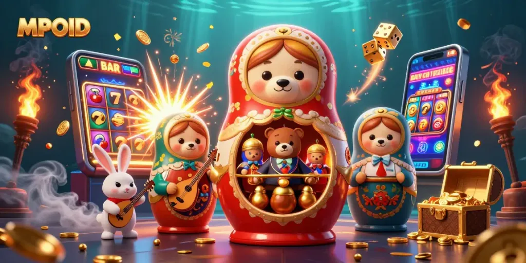 MPOID showcases a vibrant illustration with Russian Matryoshka bears and casino-themed elements, perfect for gaming enthusiasts.