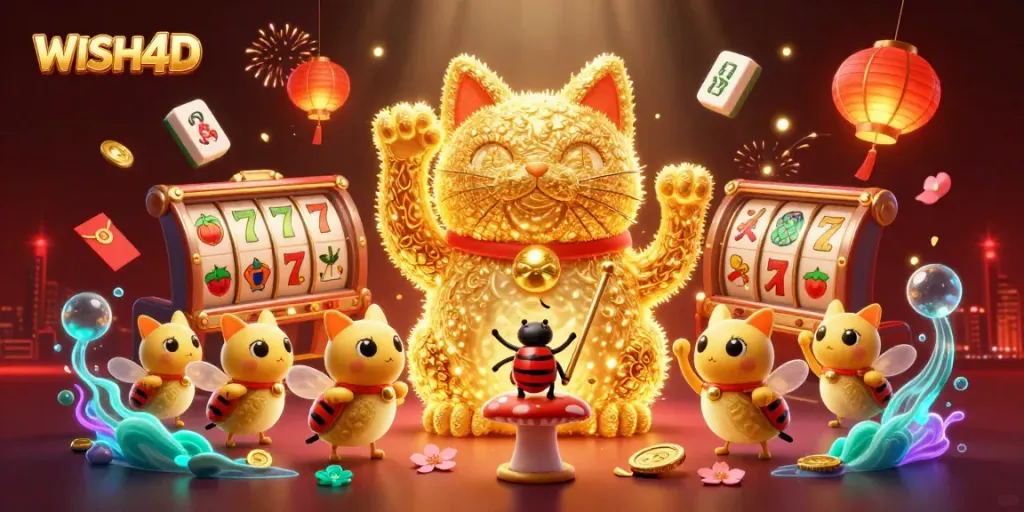 Engage with the vibrant casino world at WISH4D, featuring a lucky cat and dynamic gaming symbols.