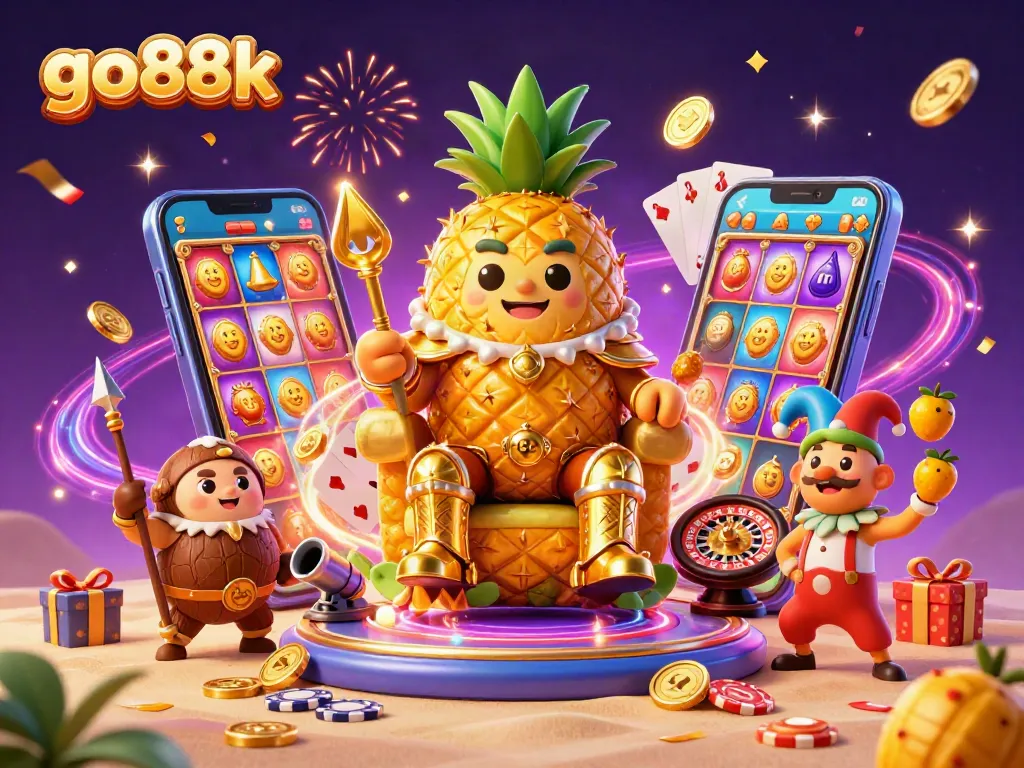 Join the action at go88k's vibrant casino, where golden coins and playful characters create an exciting gaming atmosphere.