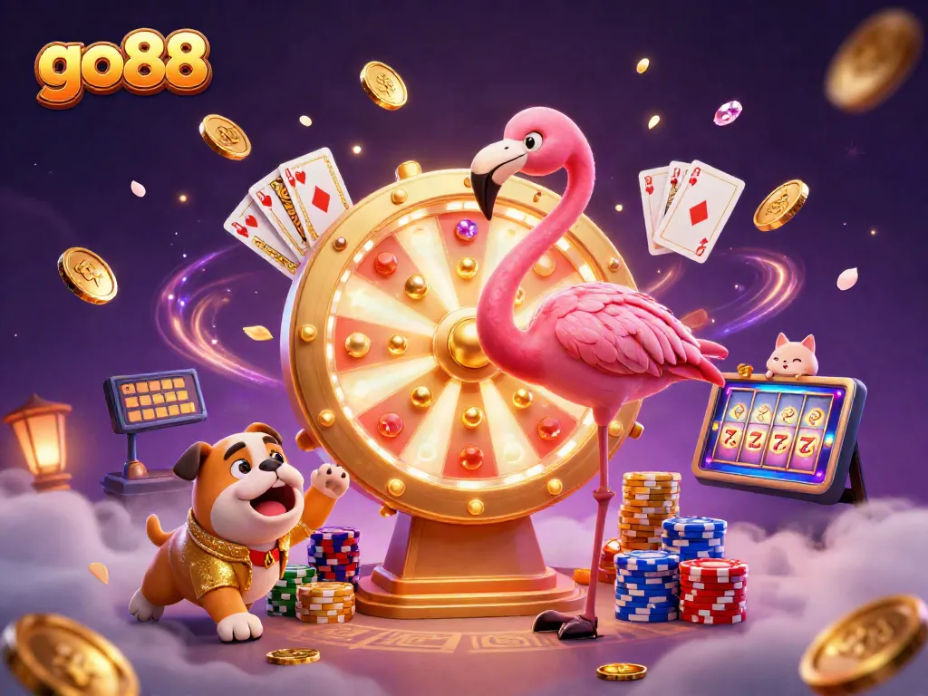 Enhance your go88 experience with excitement from a flamingo host and bulldog contestant in a vibrant casino scene.