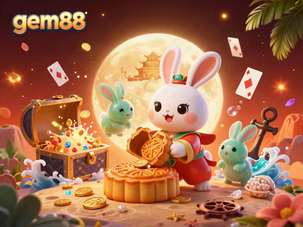 Experience thrilling gaming at gem88 with a vibrant moon rabbit scene showcasing poker chips and golden treasures.