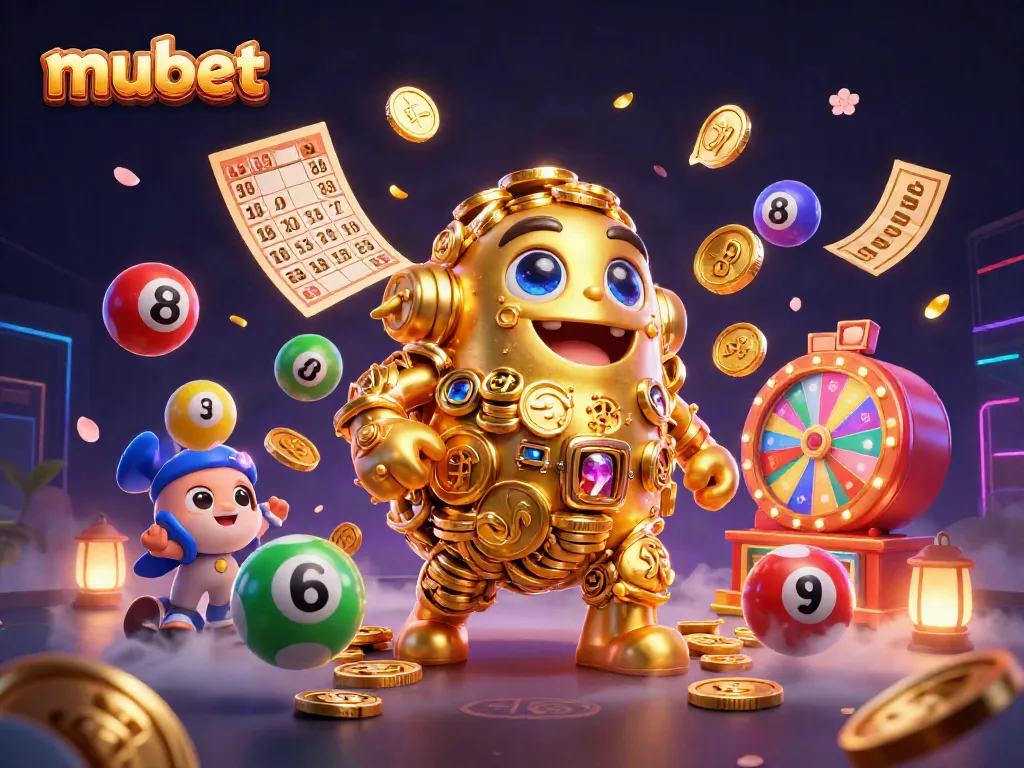 Win big at mubet with this vibrant illustration of golden characters and dynamic casino elements.