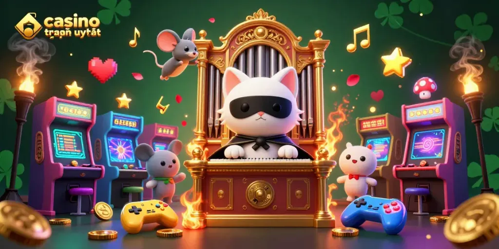 Các trò chơi tại casino trực tuyến uy tín nổi bật với sự xuất hiện của mèo trắng và chuột nhào lộn.