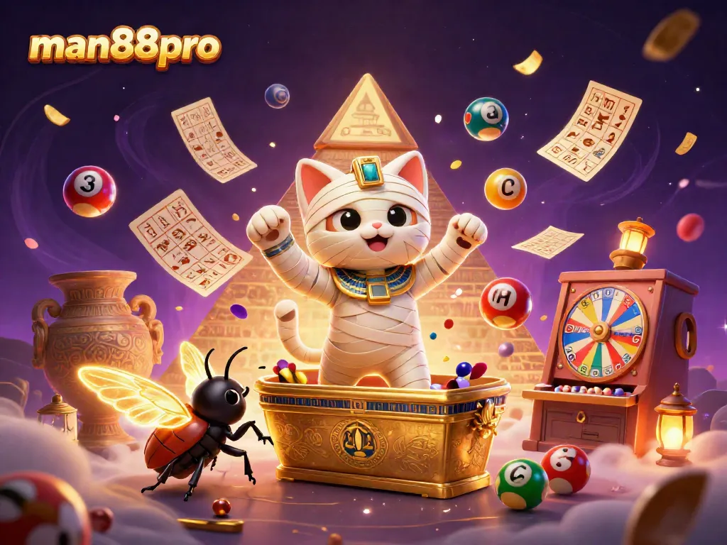 Experience excitement with man88pro's dynamic casino scene featuring a mummy cat and vibrant lottery elements.