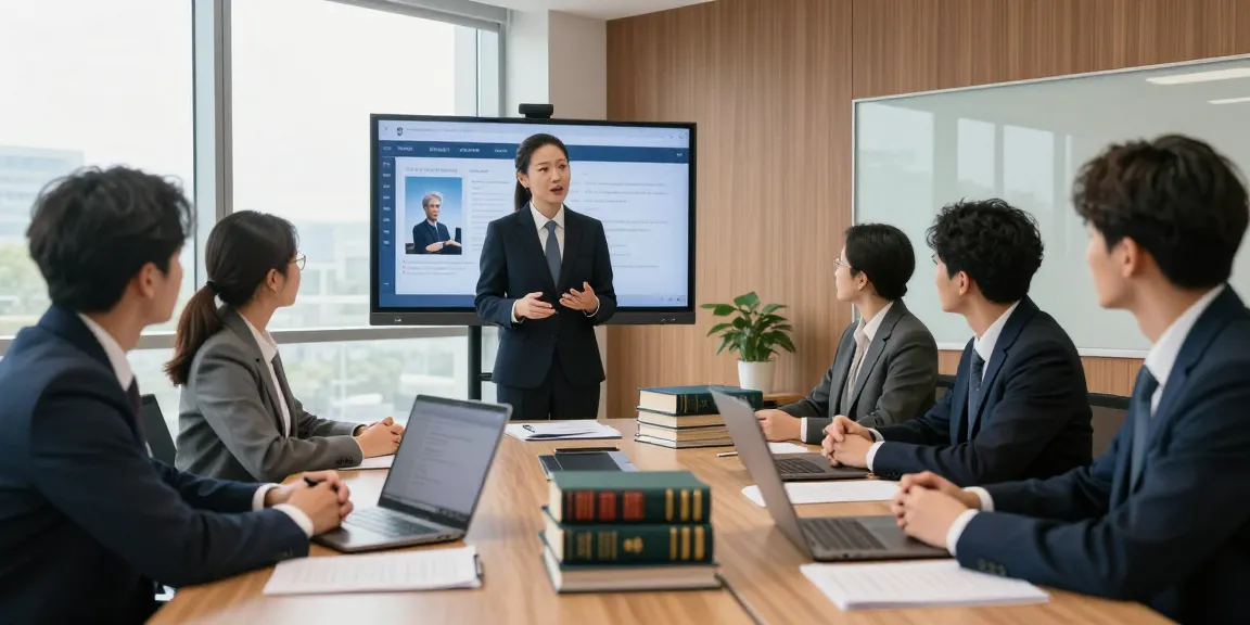 A legal team evaluating rokok88 case in a modern courtroom.