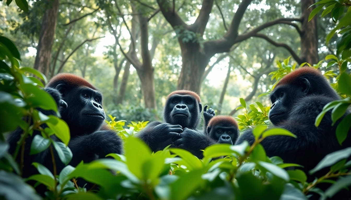 Gorilla trekking and Tanzania safari featuring playful gorillas in a lush rainforest.