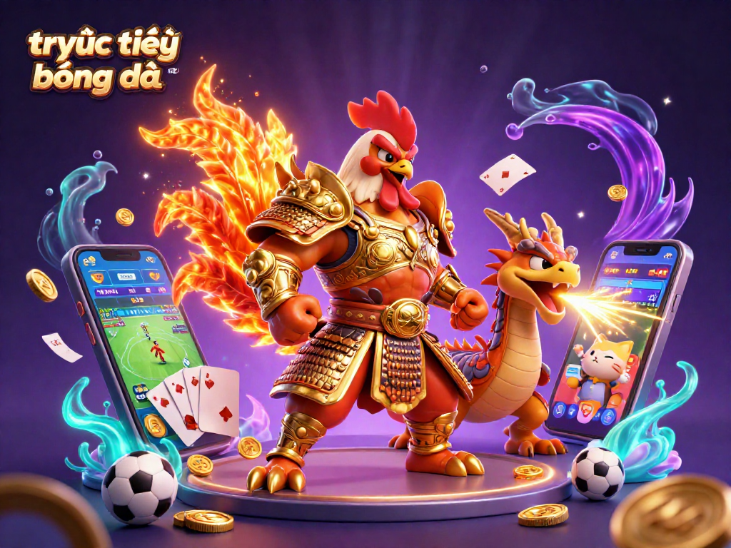 Bet on trực tiếp bóng đá socolive with a dynamic 3D scene featuring a rooster warrior and sports elements.