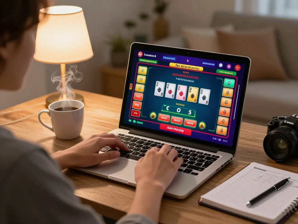 Engaging in online gaming at home with rokok88 link alternatif, showcasing a live dealer table game on laptop.
