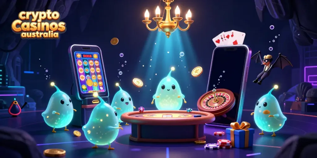 Engage in crypto casinos Australia with a vibrant cave casino illuminated by glowworms, featuring a bat dealer and lively game elements.