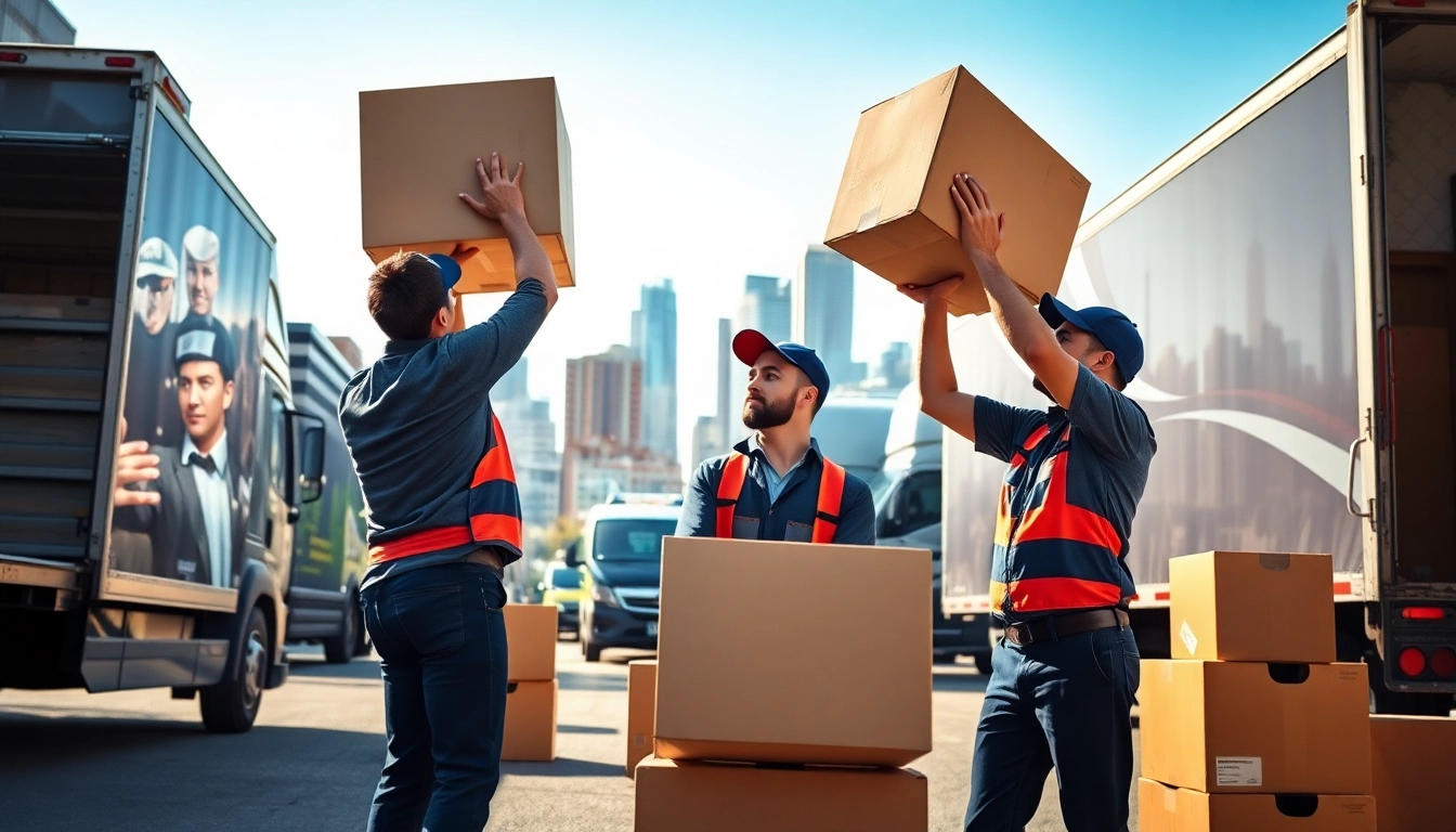 Calgary movers efficiently handling moving boxes in a lively city backdrop.