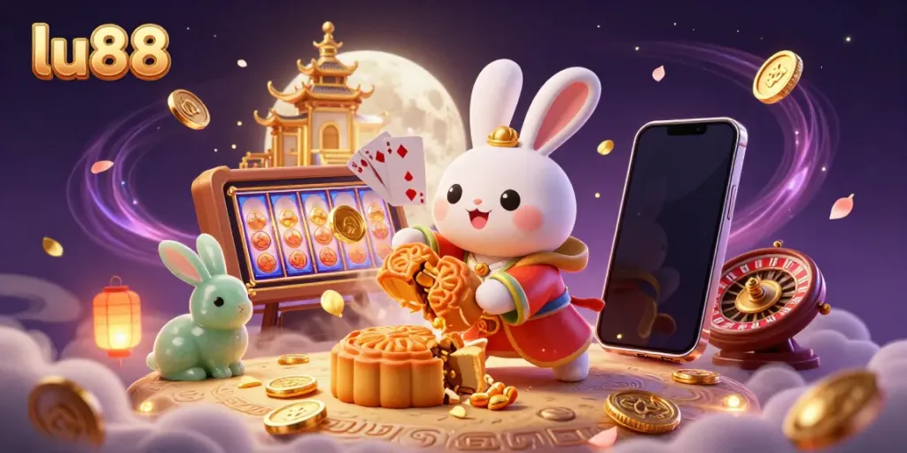 Experience thrilling gameplay with lu88, featuring the moon rabbit amidst casino elements and enchanting visuals.