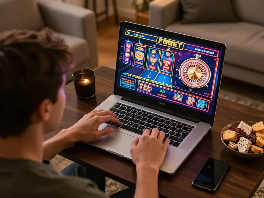 Engaging in online gaming at F8bet with a vibrant laptop display of casino games.