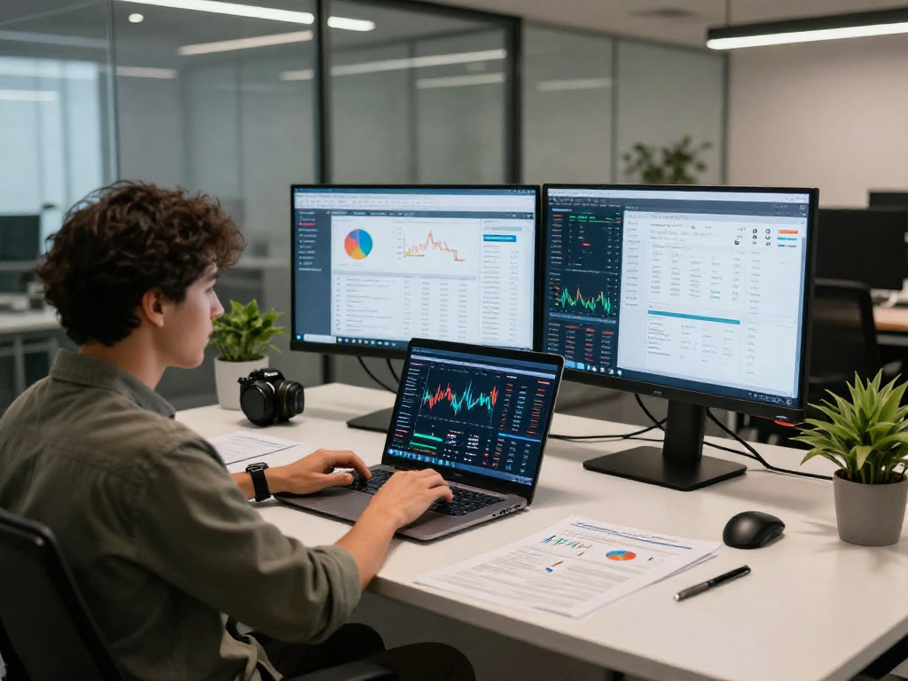 Person analyzing debet financial data in a modern workspace with dual monitors.