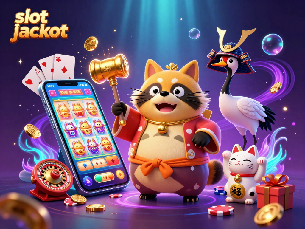 Experience the excitement of slot jackpot games with colorful characters in a dynamic 3D illustration.