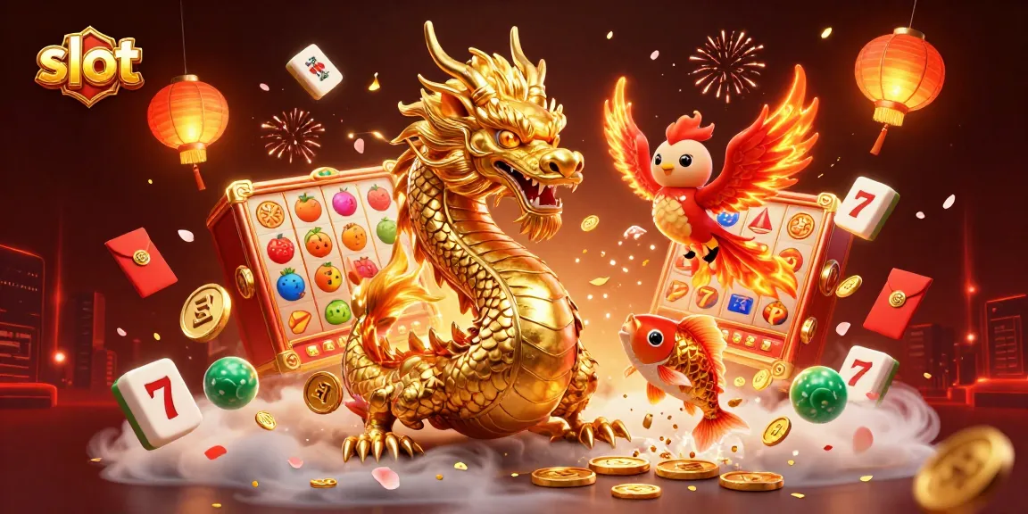 Experience thrilling slot action with a dragon, phoenix, and koi fish amidst vibrant casino elements.