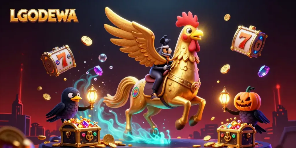 Experience the gaming excitement with LGODEWA's dynamic casino scene featuring gambling elements amid vibrant visuals.