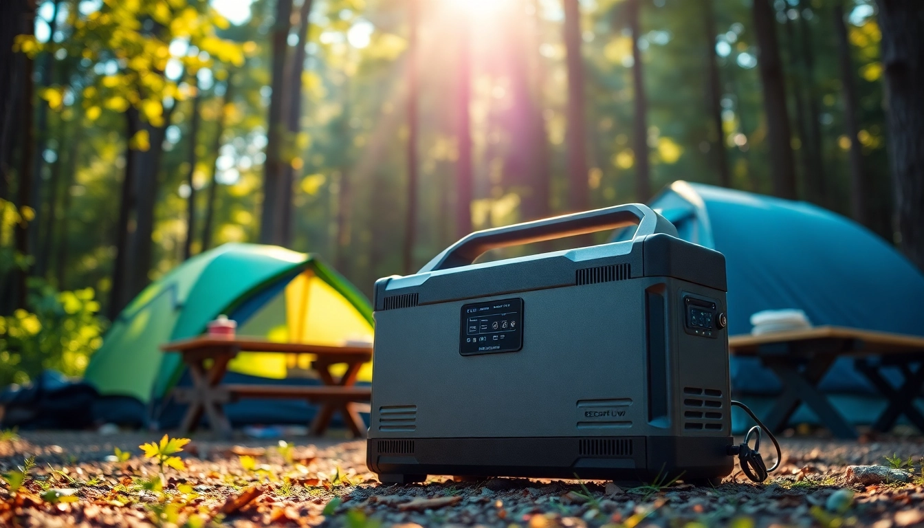 EcoFlow power station powering devices in a serene outdoor camping setup for adventurers.