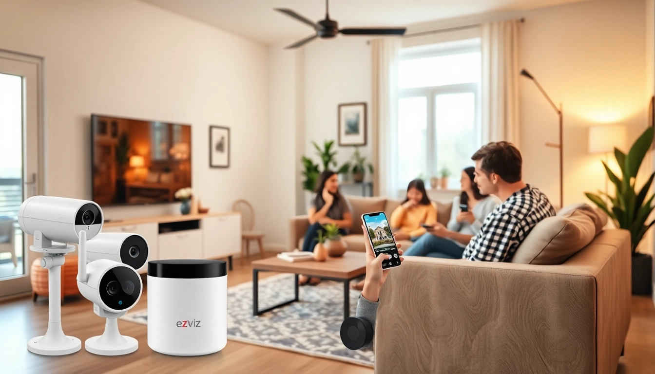 Monitoreo moderno del hogar con Cámaras Ezviz, una familia usando la app para la seguridad.
