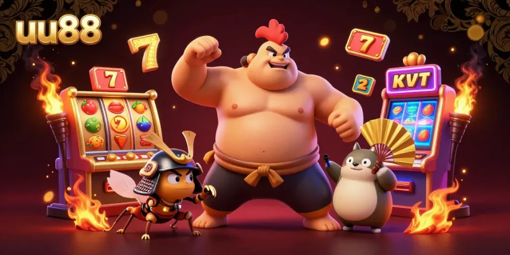 Engage with the exclusive gaming experience at uu88 featuring a cartoon sumo wrestler and vibrant casino elements.