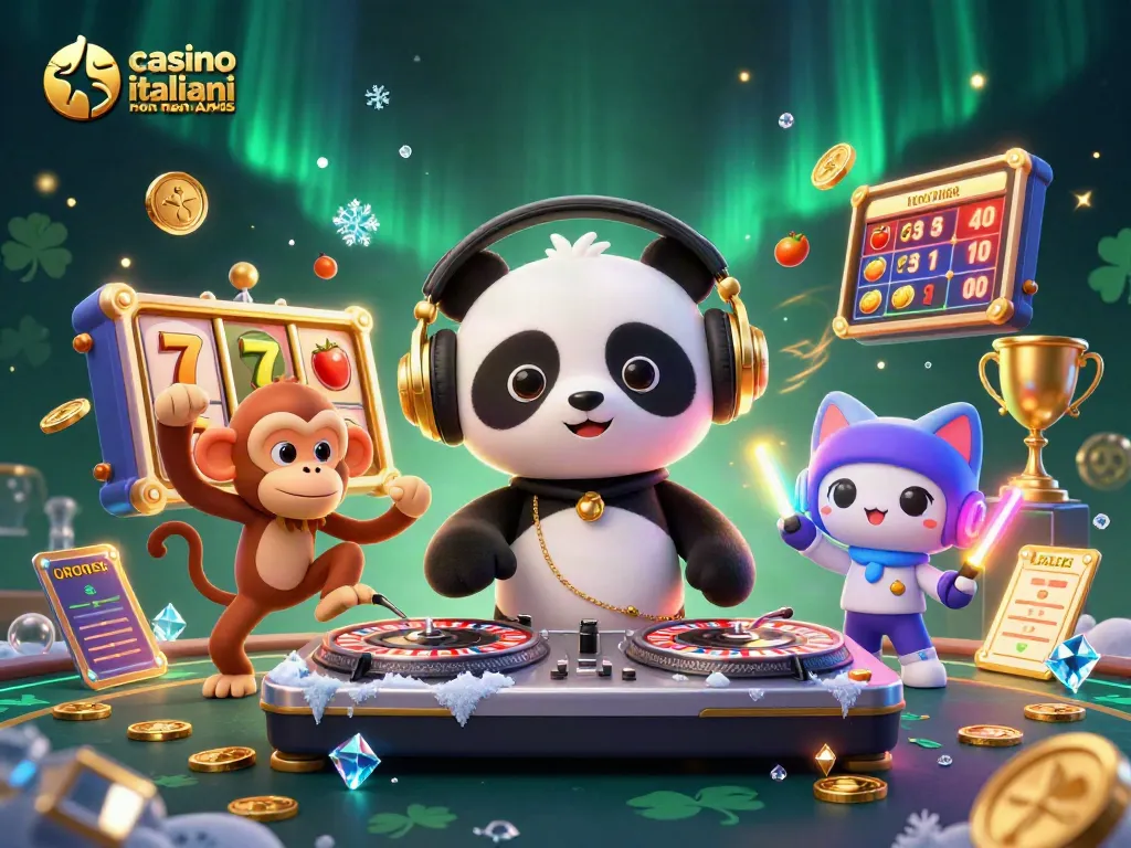 Slot e jackpot nei casino italiani non AAMS, DJ panda e divertimento in un'illustrazione vivace.